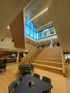 foyer met rigitoneplafond en tribunetrap
